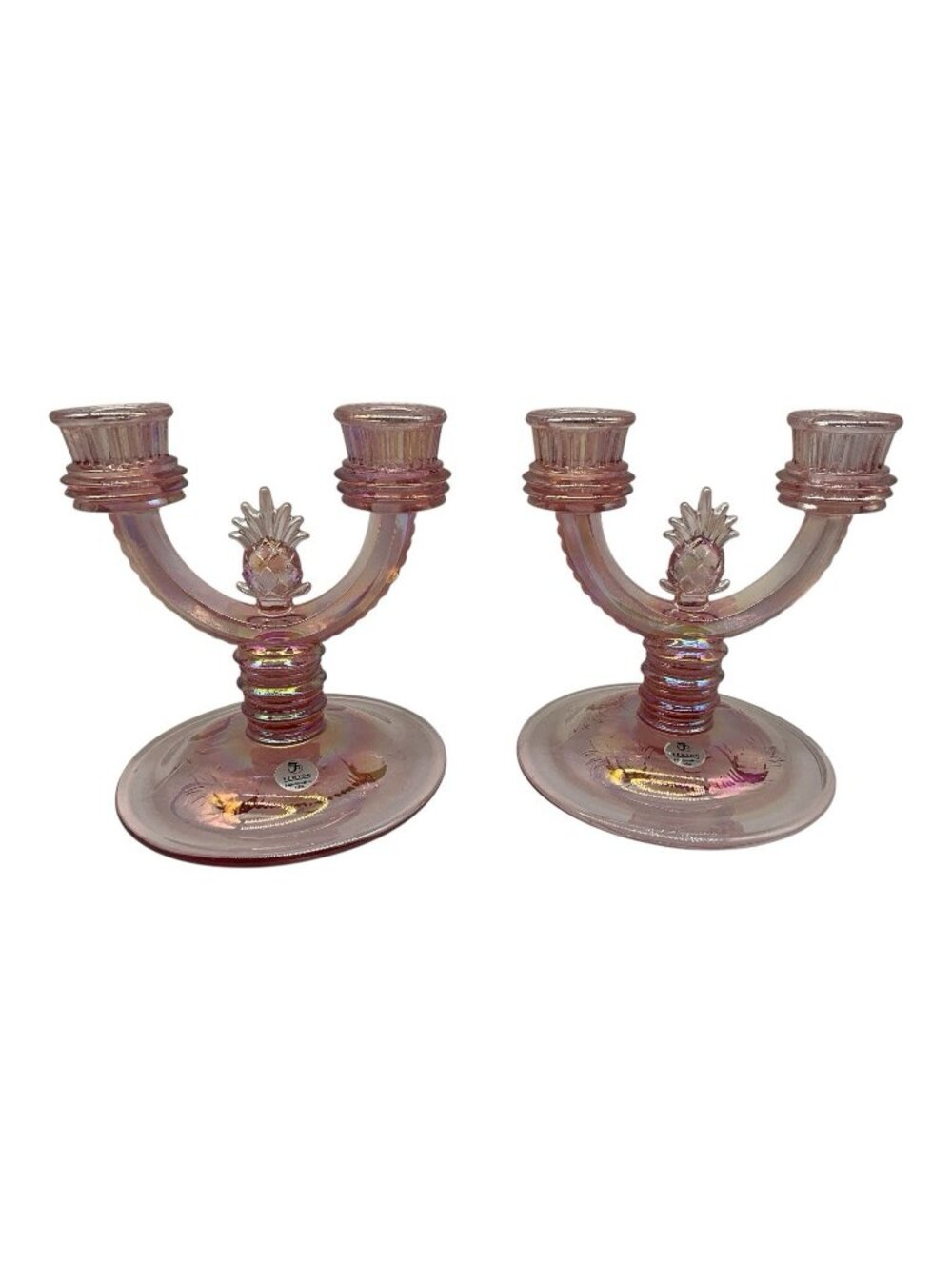 Fenton Vintage Pink Iridescent Double Candlestick with Pineapple Design,Set of 2